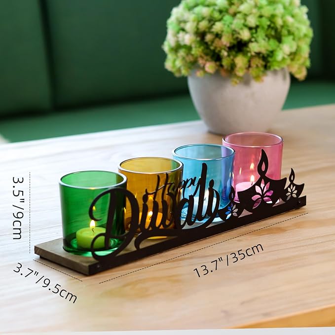 Diwali Home Decoration, Diwali Gifts, Colorful Glass Votive Tealight Candle Holders with Wooden Tray for Table Centerpiece