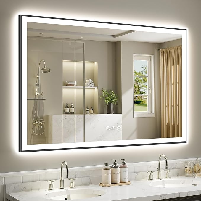 60x38 Inch LED Bathroom Mirror with Lights (Front Lit and Backlit) Black Framed Lighted Vanity Mirror for Bathroom Wall Dimmable Anti-Fog Memory Tempered Glass Horizontal/Vertical