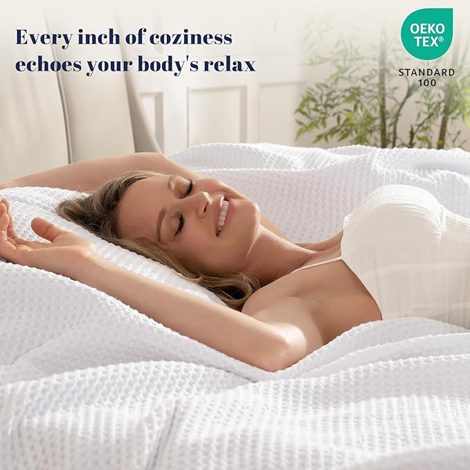 PHF 100% Cotton Waffle Weave Blanket Queen Size for Bed,Snag Proof Lightweight Breathable Moisture-Wicking Throw for Couch, Great for Layering in Cold Weather, Machine Washable, Home Decor Gift-White