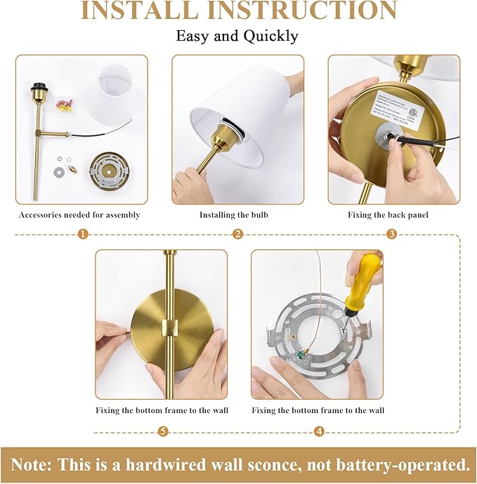 Bsmathom Wall Sconces Sets of 2, Hardwired Classic Brushed Brass Sconces Wall Lighting, Bathroom Vanity Light Fixture with Fabric Shade for Bedroom Living Room Hallway Kitchen, Bright Gold