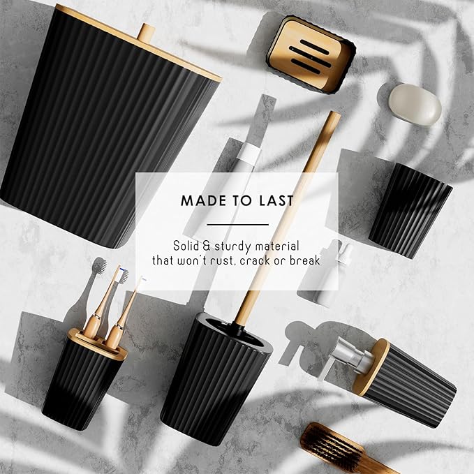 Clara Clark Bathroom Set - Black Bathroom Accessories Set, 6PC Bathroom Accessory Set, Bathroom Sets with Bathroom Rugs, Toilet Brush, Trash Can & Soap Dispenser