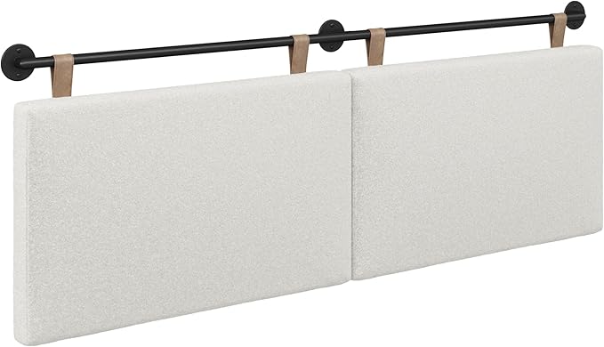 Nathan James Charlie Wall Mount Hanging Headboard, King, White Boucle with Brown Faux Leather Straps