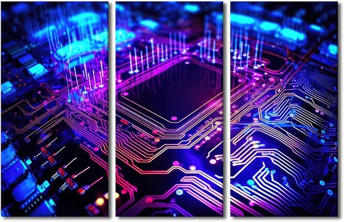 Wall Pictures for Living Room Semiconductor Chip Pictures Canvas Print Circuit Board Wall Art 3 Pieces Framed Art Prints Giclee Gallery-Wrapped Framed Ready to Hang Posters, 42" Wx28 H