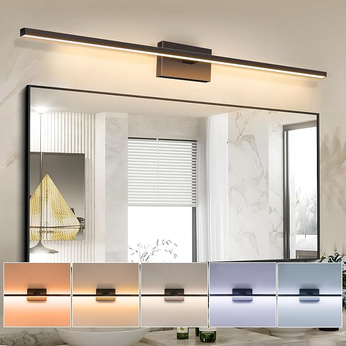 Aosclex 48 Inch Bathroom Lights Over Mirror, 180° Rotatable Angle, 32W 2880LM 5CCT Adjustable (2700K–6000K), Dimmable LED Light Fixture, IP44 Waterproof Black Modern Vanity Light, ETL Certificated