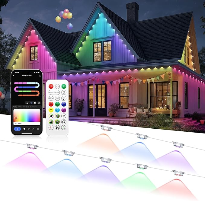 Permanent Outdoor Lights, 100ft RGB+IC Smart Outdoor Lights for House with 50 LED, IP67 Waterproof LED Light for Outdoor Decorations, Work with Remote, APP