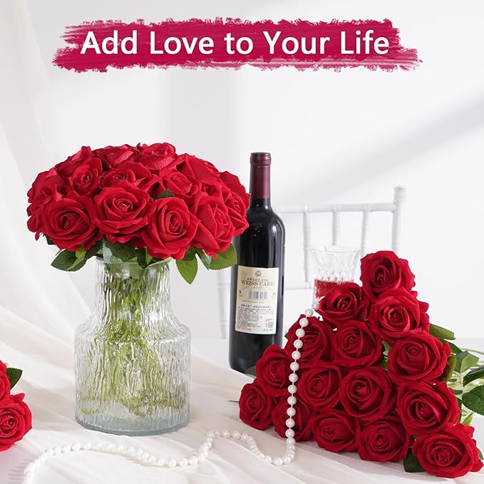 BLEUM CADE 50 Pcs Red Roses Artificial Flowers, Real Touch Velvet Roses Fake Flowers Bulk, Artificial Roses Bouquet with Long Stems Bridal DIY Wedding Party Centerpiece Decorations