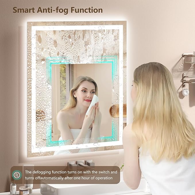48x36 LED Bathroom Mirror with Lights - Dimmable, Anti-Fog, 3 Color Backlit & Front Lit Mirror for Bathroom, Shatter-Proof Tempered Glass, Easy Installation