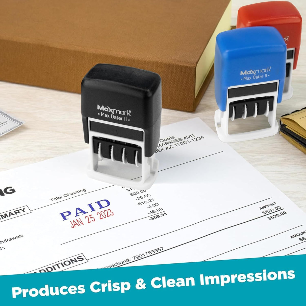 MaxMark Self-Inking Rubber Date Office Stamp with FAXED Phrase & Date - Blue Ink (Max Dater II), 12-Year Band