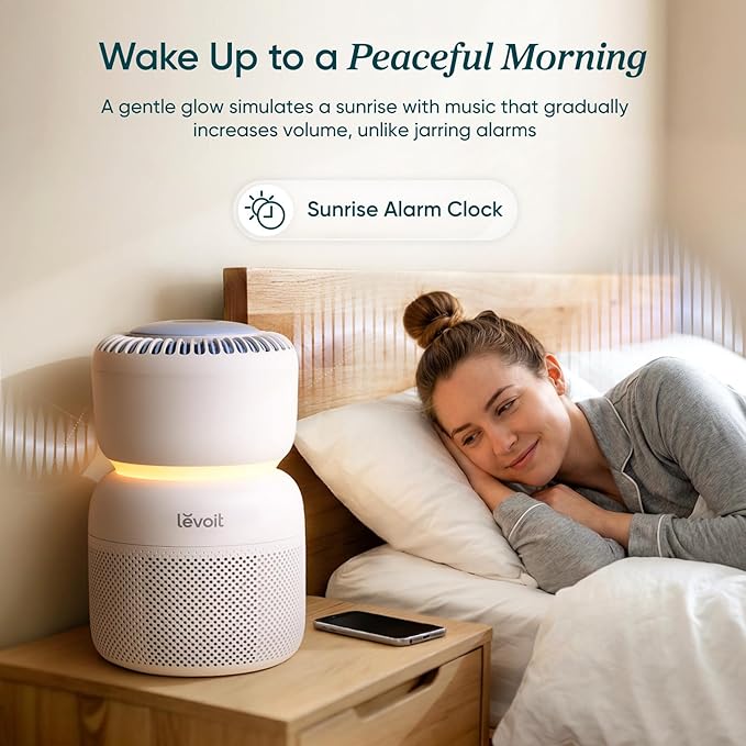 LEVOIT Air Purifier for Home Bedroom with HEPA Filter, White Noise Sound Machine and Blue Light-Free Night Light Support Better Sleep, AHAM VERIFIDE, 5 Air Quality Monitor, Smart WiFi, Sprout