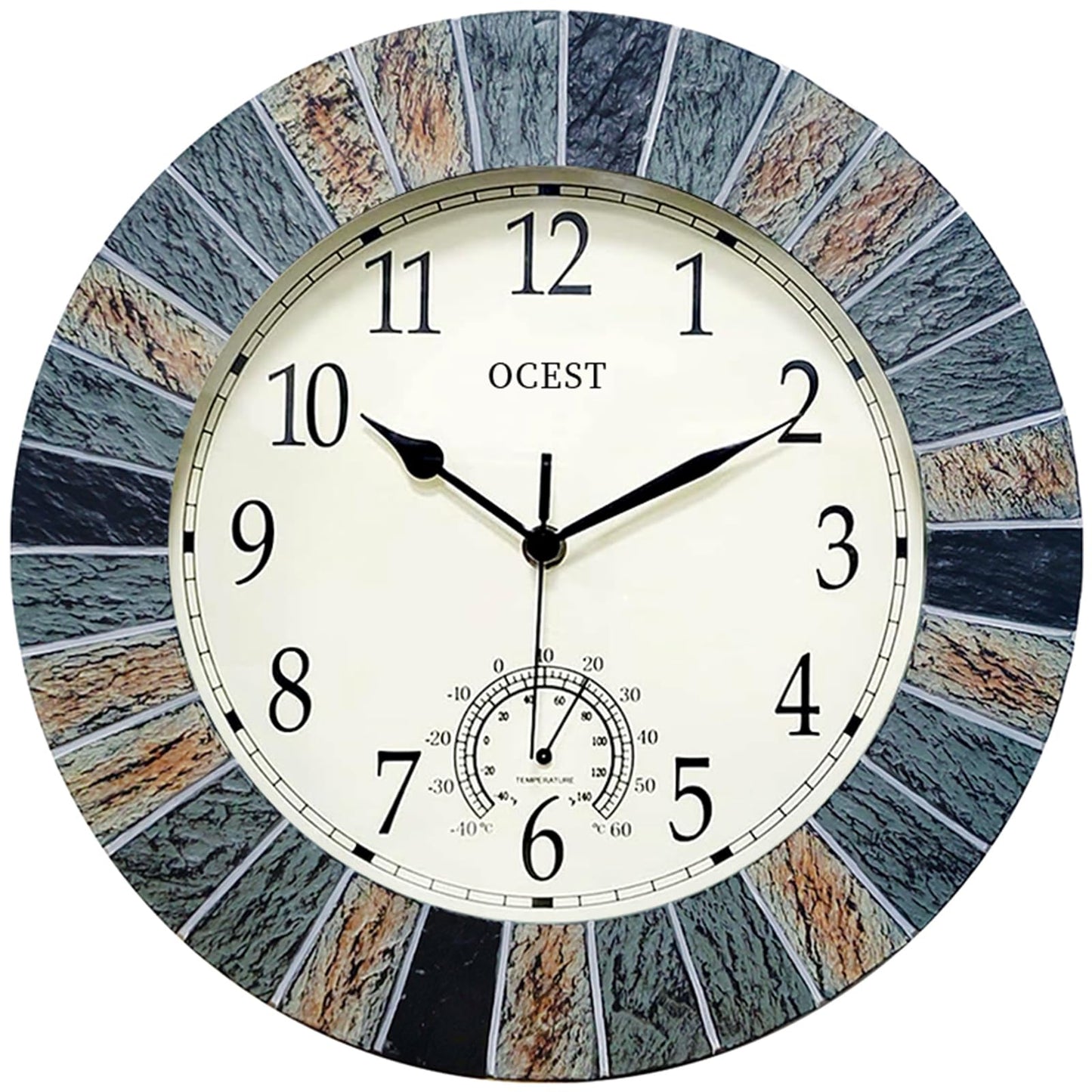 OCEST 13 Inch Large Outdoor Indoor Clock, Waterproof Wall Clock with Thermometer, Weather-Resistant Non-Ticking Battery Operated Decor for Patio, Pool, Lanai, Fence, Porch, Garden（Brown）
