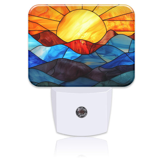 Uiaoiais Stained Glass Sunset Night Light Plug into Wall, Colorful Glass Mountains Night Light with Dusk to Dawn Sensor for Kid Girls Boys Women Men Room, Hallway, Kitchen, Bathroom, Stairs Decor