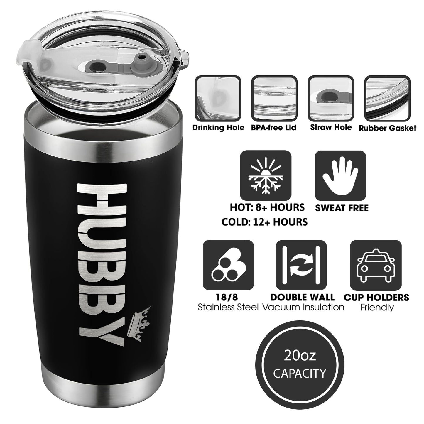 Gifts for Husband from Wife - Wedding Anniversary for Him, Valentines, Fathers Day, Birthday Gifts for Him - Present for Husband - Coffee Cup with Lid - 20 Oz Black Stainless Steel Tumbler