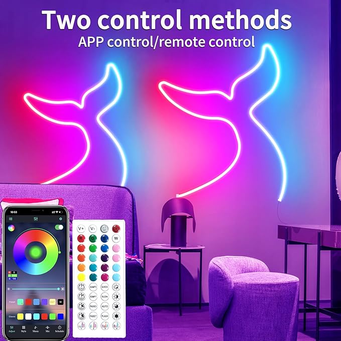 32.8ft 24V RGB LED neon Rope Lights LED neon Lights with Remote Control APP Control IP65 Waterproof Flexible Neon LED Strip Lights for Bedroom Room Outdoors Décor