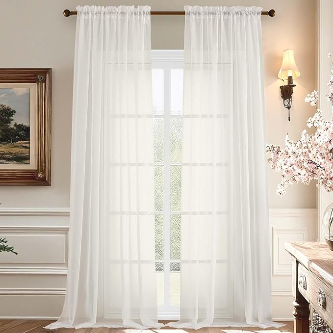 Aiyufeng 108 Inch Ivory Sheer Window Curtains for Farmhouse, Rod Pocket Voile Window Treatment Vertical Panels for Study Room/Bedroom/Living Room, Ivory, W59 x L108, 2 Panels