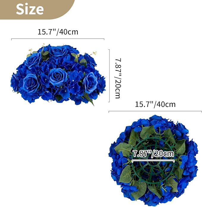 NUPTIO Artificial Flower Centrepieces for Tables - 2 Pcs Large Fake Flowers Roses Balls 15.7 inch Diam - Royal Blue Silk Faux Rose Arrangement Bouquet for Wedding Party Centerpiece Table Decorations