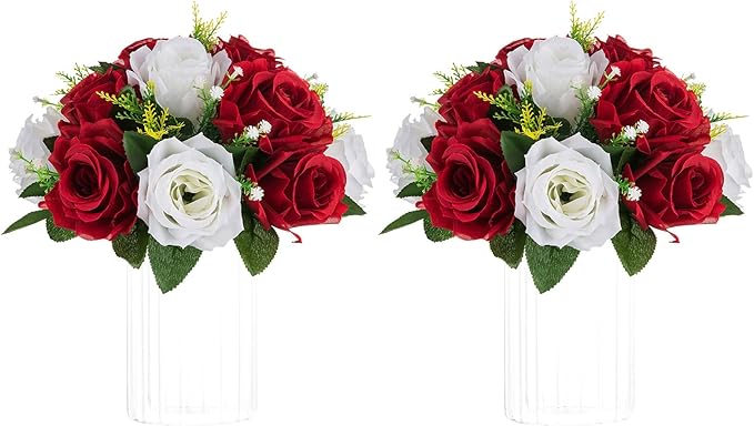 NUPTIO Artificial Flower Centrepieces for Tables - 2 Pcs Crimson & White Fake Flowers Roses Balls 9.5in Diameter - Silk Faux Rose Arrangement for Wedding Party Centerpiece Table Decorations