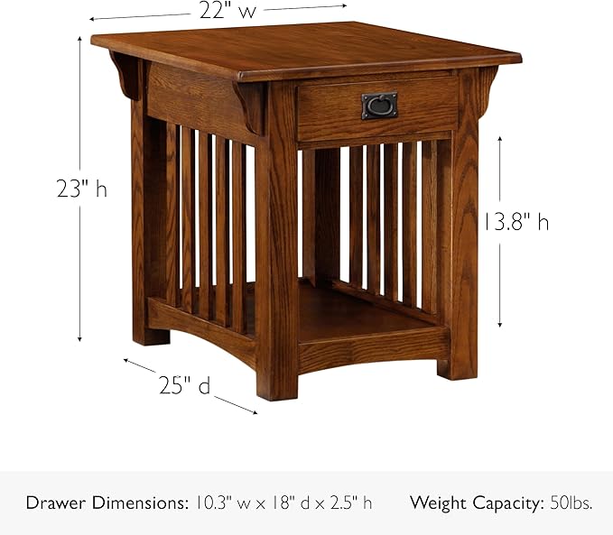 Leick Home Mission Impeccable End Table, Solid Wood Accent Table with Drawer & Shelf, Medium Oak Finish, Craftsman Style, 22 in L x 25 in D x 23 in H, 8207