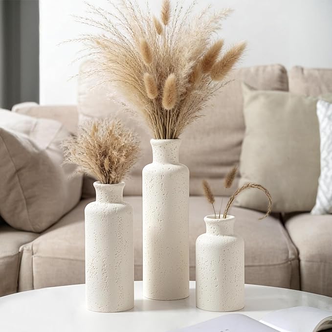 Flower Vase Set, Stone Look, 3 PCS Small Decorative Bud Vases for Pampas Grass, Farmhouse Decor, Kitchen, Living Room, Bathroom, Bedroom, Office, Shelf Centerpiece Table Decoration (White)