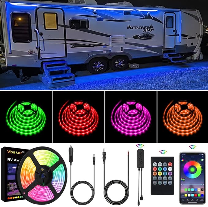 RV Awning Lights Kit, 20FT RGB Dimmable Waterproof 12V Camper Awning Strip Lights with APP/Remote Control, Sound Music Sync, RV Exterior Lighting for Party Motorhome Travel Trailer