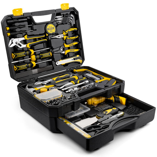 DOWELL 219-Piece Home Tool Set with 3.6V Electric Screwdriver, General Household Tool Kit in Drawer Toolbox for DIY, Furniture Assembly & Repair (Screwdriver, Hex Keys, Wrench, Hammer Included)