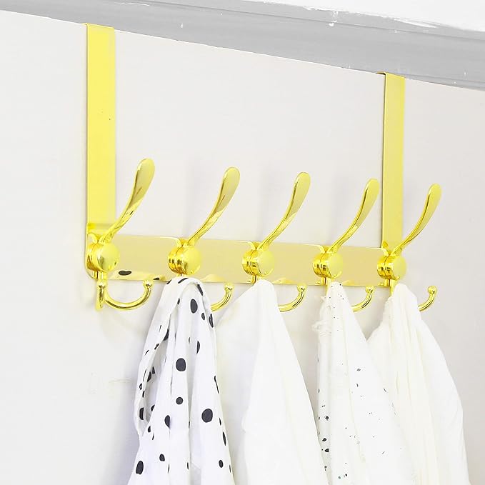 SKOLOO Over The Door Hook - for Doors up to 1-3/4'' Thickness, Pack of 2, Metal Door Hanger with 5 Triple Hooks, Over The Door Hanger for Coats, Hats,Towels, Gold, Assembly Required