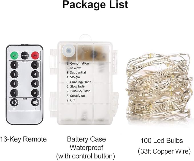 33Ft String Lights Battery Operated with Remote Control Timer, 100LED 4 Pack Waterproof 8 Modes Copper Wire Twinkle Fairy Lights for Bedroom Indoor Outdoor Wedding Dorm Christmas Decorations