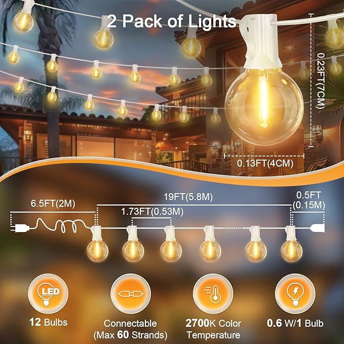 LAMPHOME 26FT LED Outdoor String Lights, 2 Pack12+1 Shatterproof G40 Edison Bulbs, Connectable & Weatherproof Commercial Grade Patio Lights, Warm White Backyard Decorative Lighting