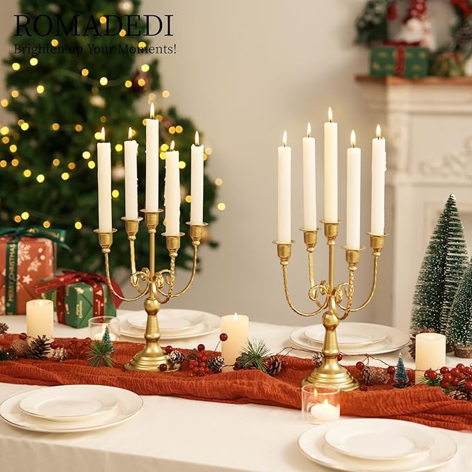 Romadedi Candelabra Gold Candle Holders - 5 Arm 11.8" Wedding Candlestick Holder for Theme Party Table Centerpiece Decor Dining Room Birthday Holiday Christmas, Set of 2