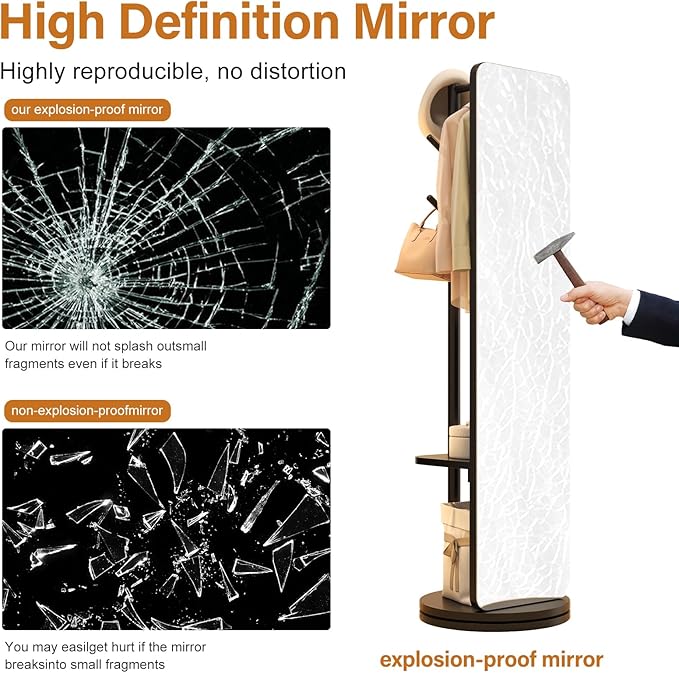 70"x19"Full Length Mirror with Stand,Coat Rack with Mirror,Solid Wood Floor Mirror,Swivel Mirrorfor Bedroom, Living Room, Cloakroom