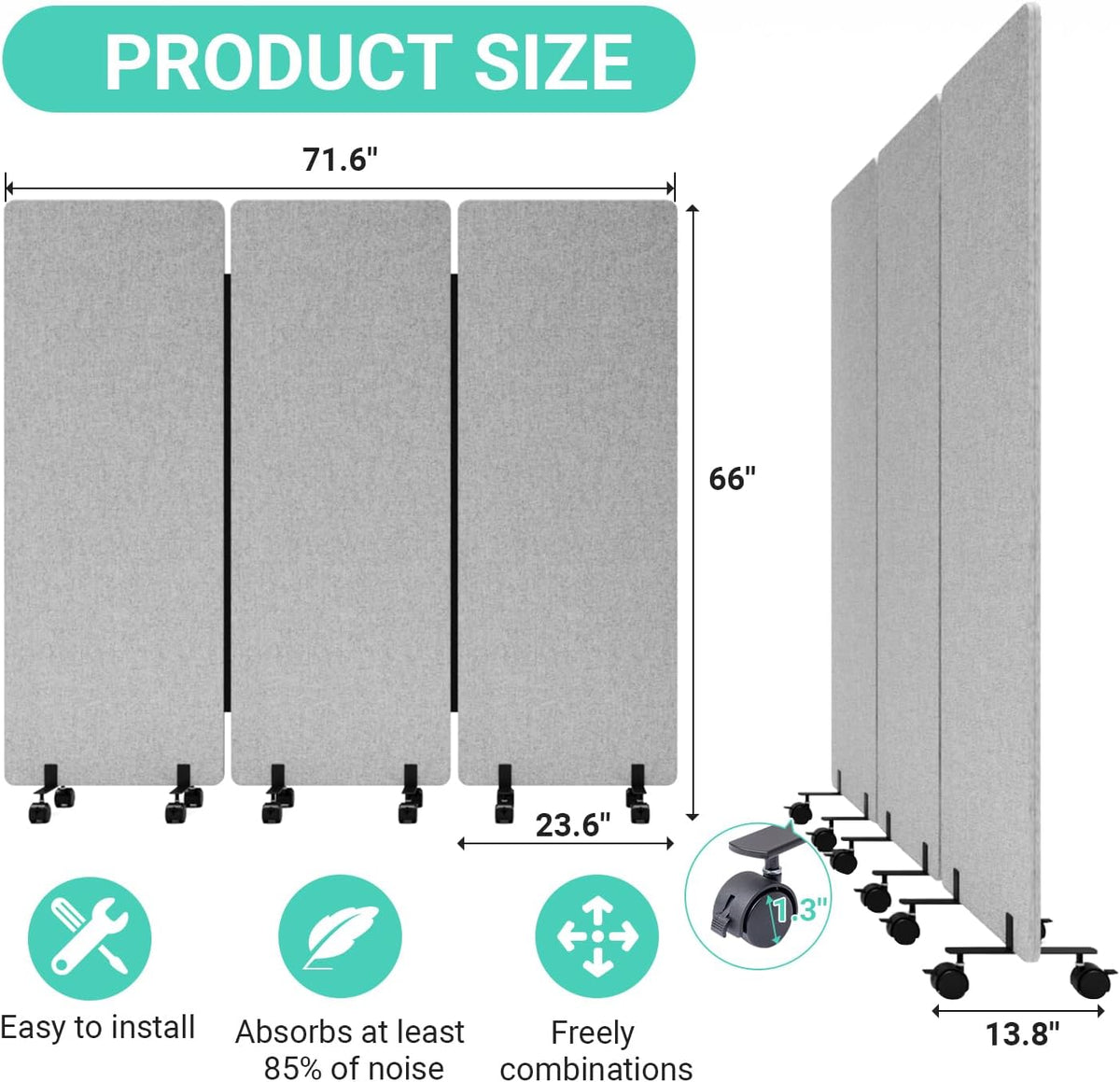 Soundproof Room Divider with Wheels, 66in Office Dividers for Sound Proofing & Reducing, 3 Panel Sound Proof Dividers for Office Partitions Portable Temporary Wall Acoustic Wall Divider，Light Grey