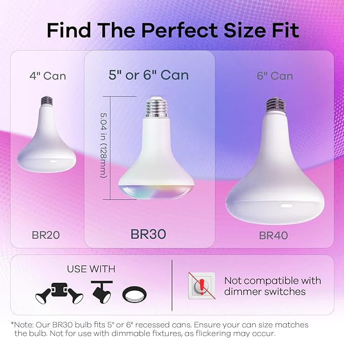 OREiN Matter Smart Light Bulb, BR30 Smart Light Bulbs 650LM 60W, Recessed Color Changing Bulbs RGBTW, Smart Flood Light Bulb Compatible with Alexa, Apple Home, Google Home, SmartThings, 4Pack