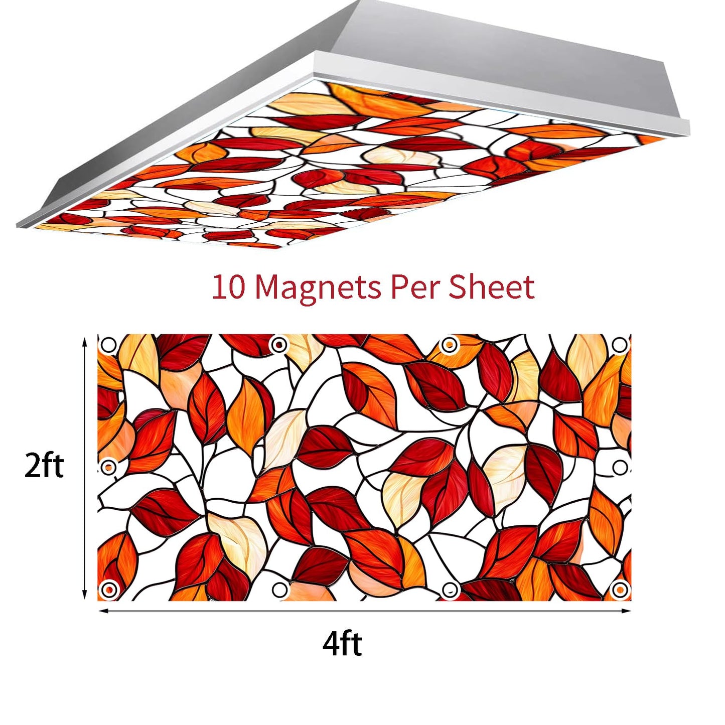 Fluorescent Light Covers for Ceiling Lights-Magnetic,2pcs,Geometric & Stained Glass Designs for Ceiling Lights 2ft x 4ft-For Classroom, Office，Home (Stained Glass Leaves, 48"L x 24""W-2pcs)"
