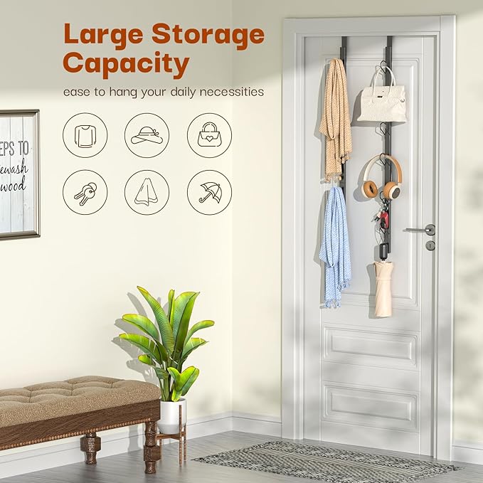 Over The Door Hooks 2 Pack,12 Heavy Duty Towel Rack All Metal Coat Hanger for Jacket Robe Hat Purse Bags in Bathroom Bedroom Dorm, 28.3 Inches, Black