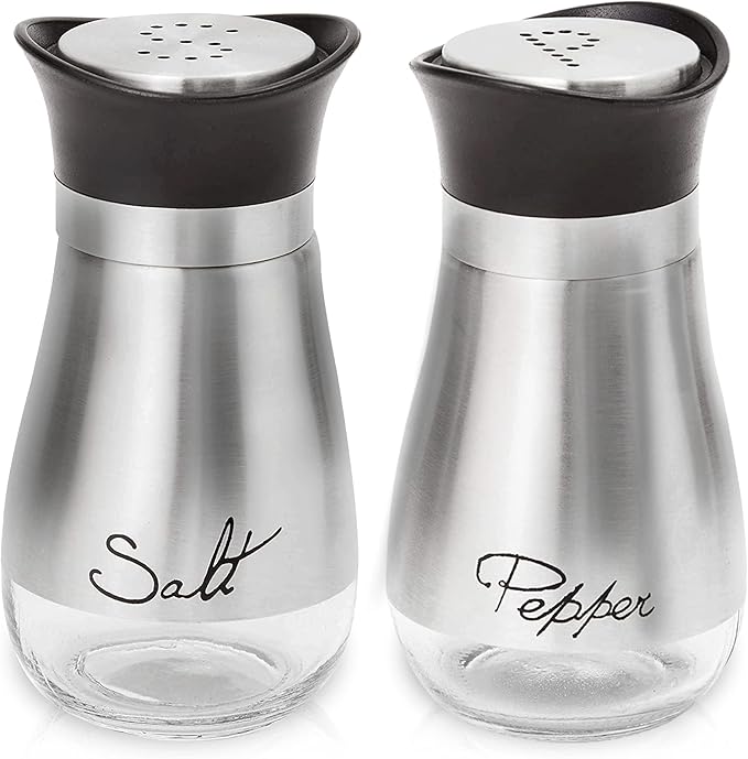 Lonffery Salt and Pepper Shakers Set, Salt Containers for Gifts, Kitchen Decor with Stainless Steel and Glass Bottle, Set of 2
