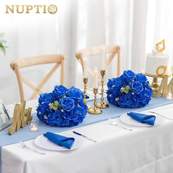 NUPTIO Royal Blue Flowers for Centerpieces: 2 Pcs 11.8 inch Diam Artificial Flower Balls for Centerpieces - Fake Flower Ball Arrangement Bouquet Rose Wedding Centerpieces for Tables Decorations