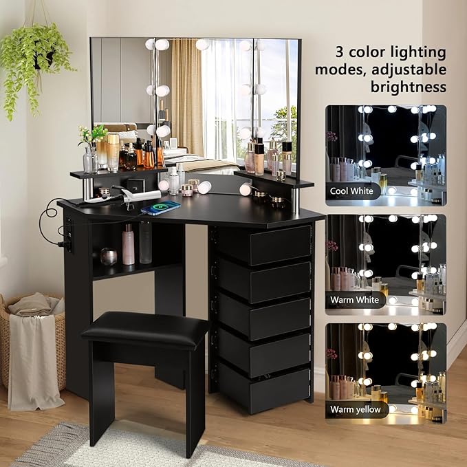 VOWNER Vanity with Lights - Makeup Vanity Desk with Power Outlet, 3 Color Lighting Options Brightness Adjustable, Vanity Table with 5 Rotating Drawers, Shelves and Stool for Bedroom, Black