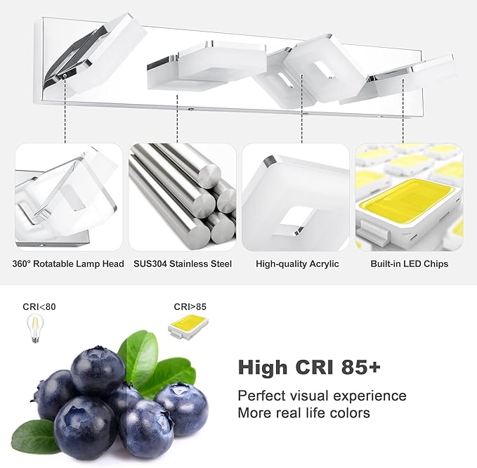 3 Colors Dimmable Vanity Lights for Bathroom, LED Chrome 4 Light Vanity Light, Acrylic Stainless Steel Bathroom Light Fixtures Over Mirror, Adjustable 3000K/4000K/6000K, 360° Rotate