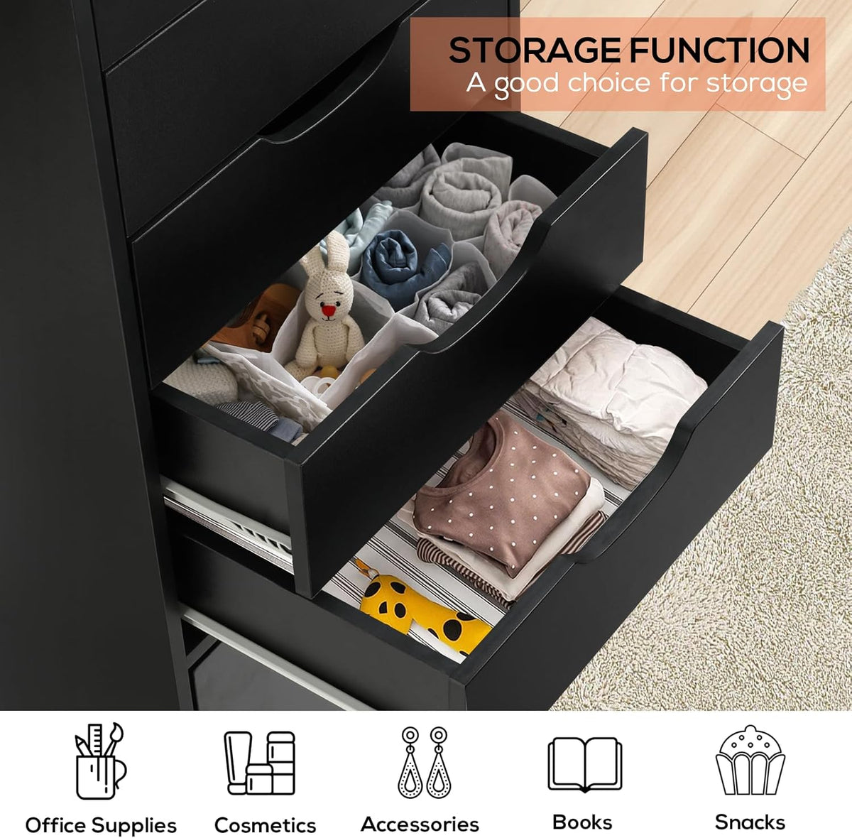 TUSY 5-Drawer Storage Cabinet, File Organizer with Caster Wheels, Chest of Drawers, Mobile File Cabinets, File Cabinets for Home Office, Under Desk Cabinet, Organization and Storage for Office, Black