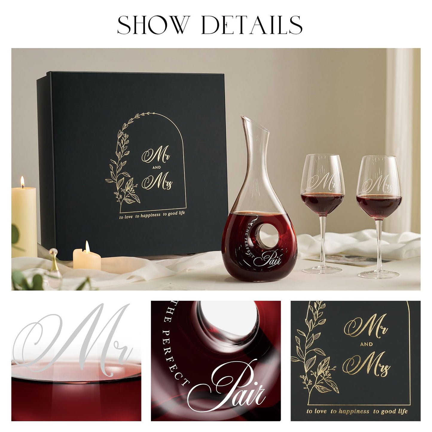 AW BRIDAL Mr and Mrs Wine Glasses for Wedding Bridal Shower Engagement Gifts, Wedding Glasses with Wine Decanter for Couples Newlyweds, Anniversary Bachelorette Party Bride Gifts