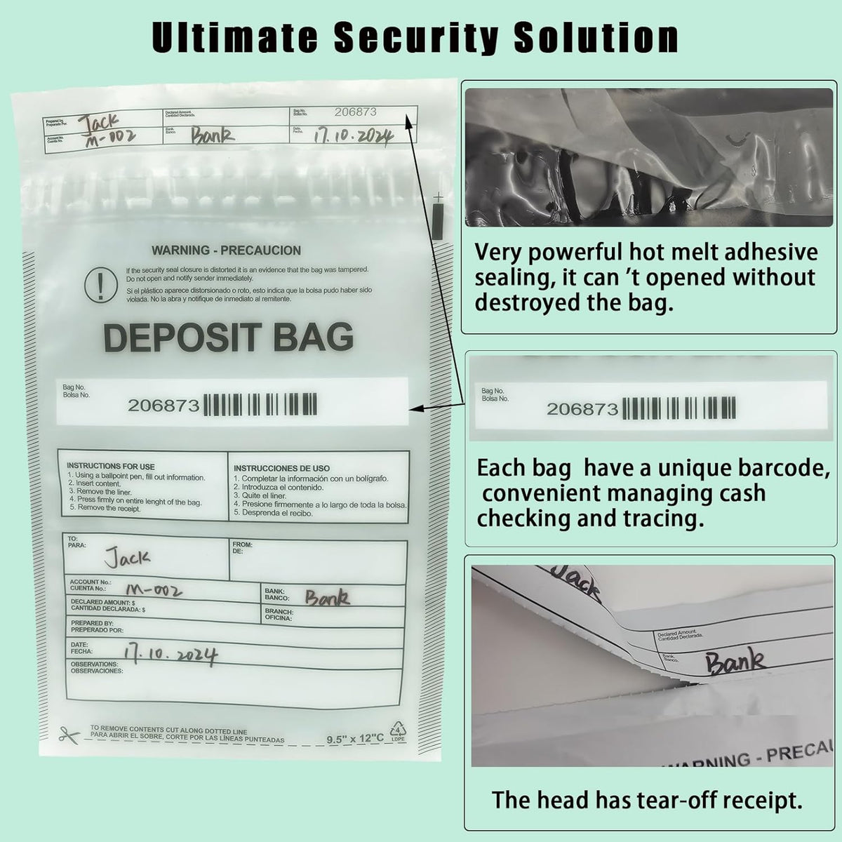 Plastic Deposit Bags 200-Pack 9''x12'', Clear Security Bank Deposits,Cash register,Money bag for Cash,Bank Pocket,Tamper-Evident,Unique Barcode