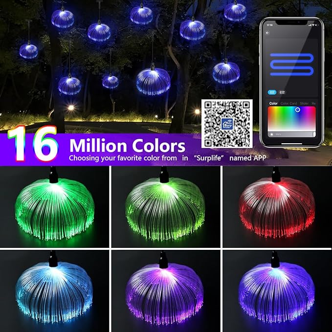 AZIMOM Smart 16.4ft 10pcs Fiber Optic Jellyfish Lamp APP Control Timing Music Sync RGBW Colorful IP67 Waterproof Outdoor Fairy Hanging String Light Garden Trees Christmas Party Wedding Ceiling Decor