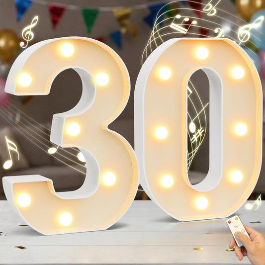 HEYCOLOR Marquee Numbers Lights Sign with Birthday Music, LED Decorative Light up Number 30 with Remote for Party Anniversary Decorations Wedding Christmas Home Decor, Battery Operated, White Plastic