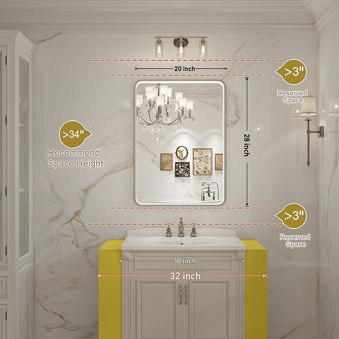 LED Bathroom Mirror with Lights,20x28 Inch Brushed Silver Framed Lighted Vanity Mirror,Anti Fog Stepless Dimmable Wall Mounted(Horizontal/Vertical)