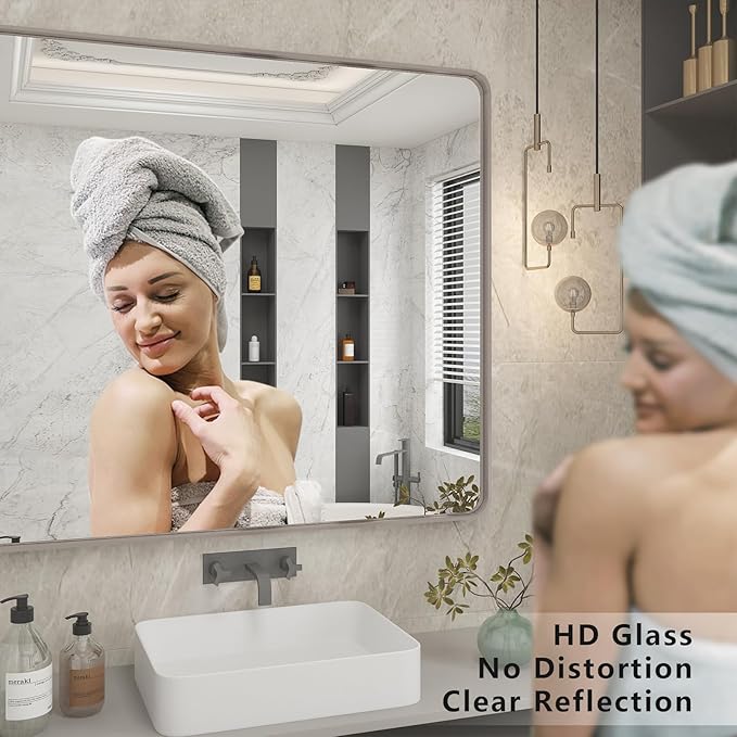 48x40 Silver Bathroom Mirrors for Vanity, Brushed Nickel Metal Silver Framed Bathroom Mirror for Wall, Rounded Rectangle Silver Mirror, Anti-Rust, Shatterproof (Horizontal/Vertical)