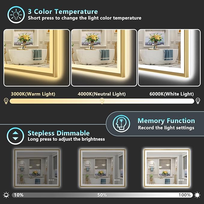 48x40 Gold Beveled LED Bathroom Mirror with Lights, Brushed Gold Framed Backlit and Front Lit Anti-Fog Lighted Vanity Mirrors for Bathroom Wall, Dimmable, 3 Colors, Memory, HD Tempered Glass