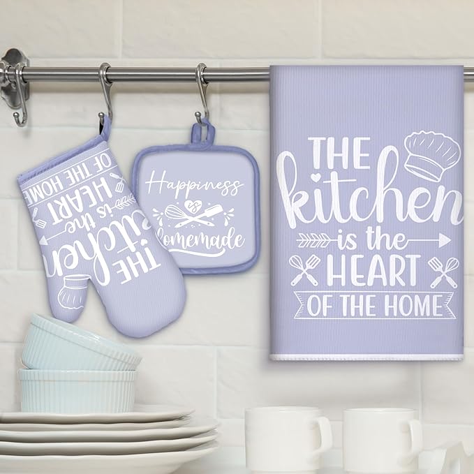 Sratte 6 Pcs Kitchen Decor Accessories Set Farmhouse Towels Pot Holders Oven Mitts Set 2 Dish Towels 2 Potholders 2 Cooking Mittens Oven Glove for Christmas Baking Cooking(Dreamy Purple,Kitchen)