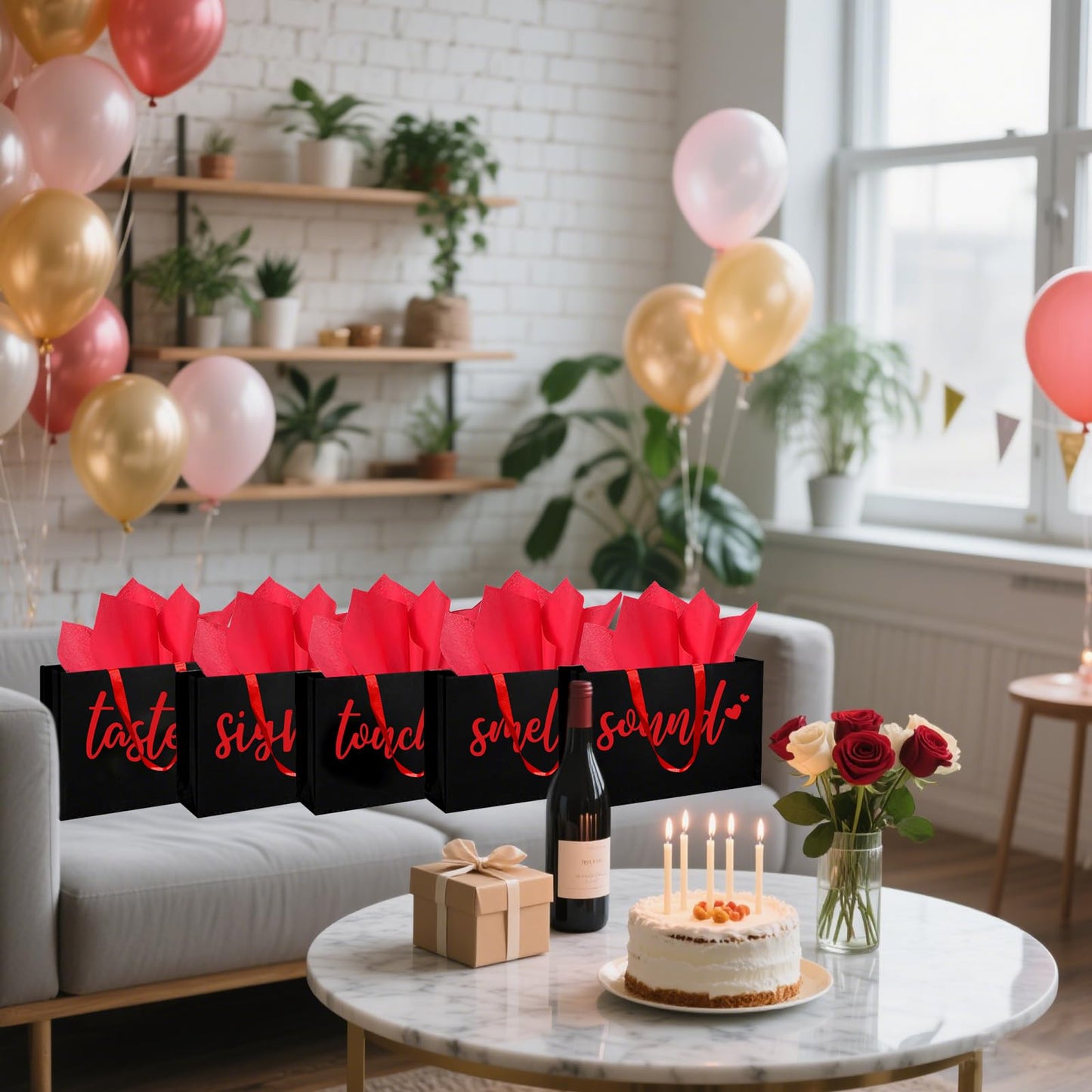 YIXAXKAO 5 Senses Gift Bags Five Senses Gift Bags with Tissue Paper Kraft Paper Bag with Ribbon Handles for Anniversary, Valentine's Day, Birthday for Him Husband Boyfriend (Red black)
