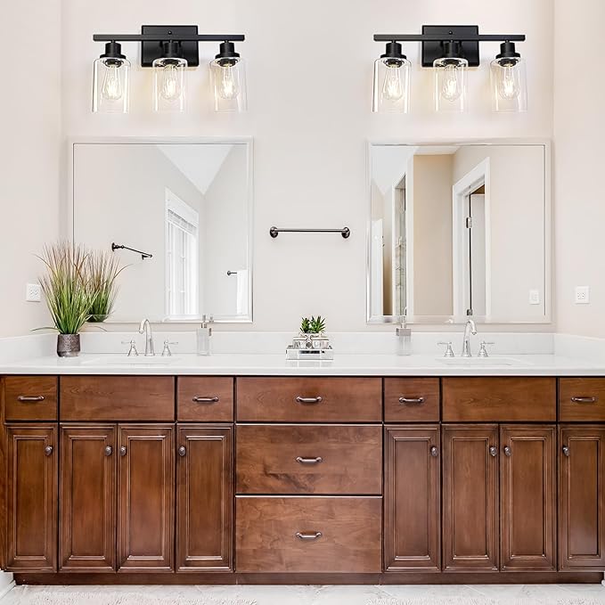 Ascher Bathroom Vanity Light Fixtures, 3 Light Wall Sconces Lighting with Clear Glass Shade, Black Wall Lights for Mirror, Kitchen, Living Room, Gallery, Hallway, E26 Base (Bulbs Not Included)