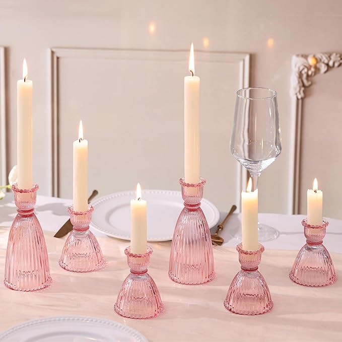 LAMORGIFT Pink Candle Holder Set of 6-4pcs 3.5"& 2pcs 6" Assorted Glass Pink Candlesticks Holder for Wedding Decor, Ribbed Taper Candle Holders Bulk for Bridal Shower, Home Table Centerpieces