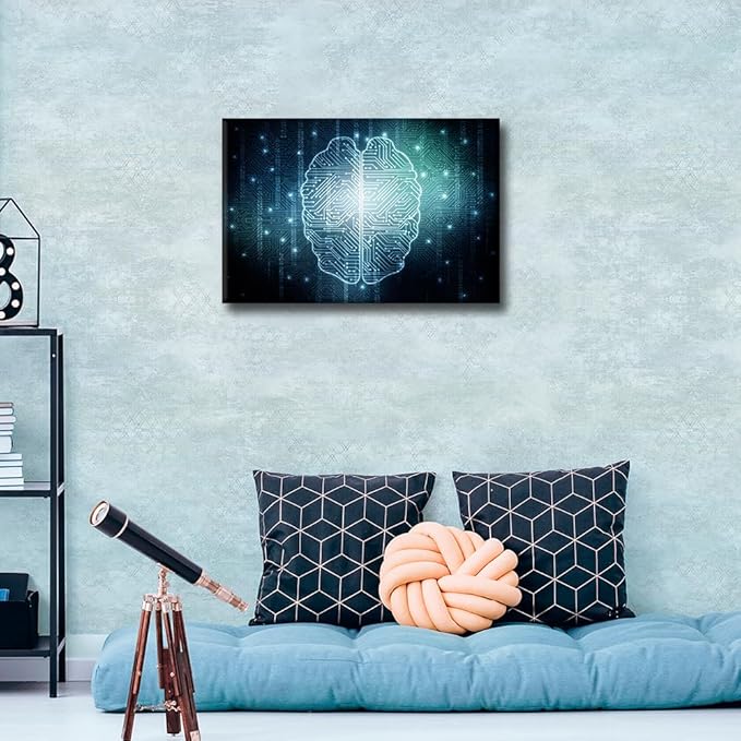 TUMOVO Canvas Wall Art Print Technology Digital Art Wall Art for Bedroom Artificial Intelligence Brain Wall Decor Art Paintings Modern Giclee Artwork for Office Ready to Hang, 18x12in